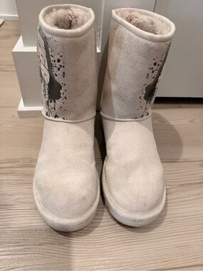 UGG Cream Suede Winter Boots with Black Paint-Splash Detail